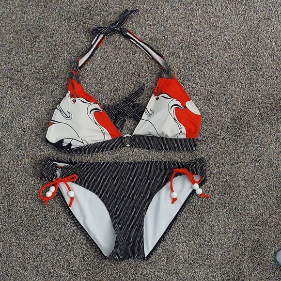 Y2K 2 Piece Polka Dot Bikini Beaded Abstract Pattern Top XL Beach Boho - Picture 1 of 6